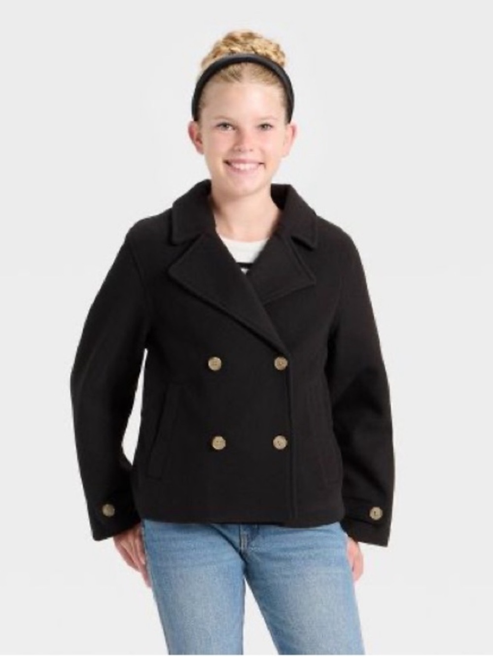 art class Black Double-Breasted Pea Coat for Girls
